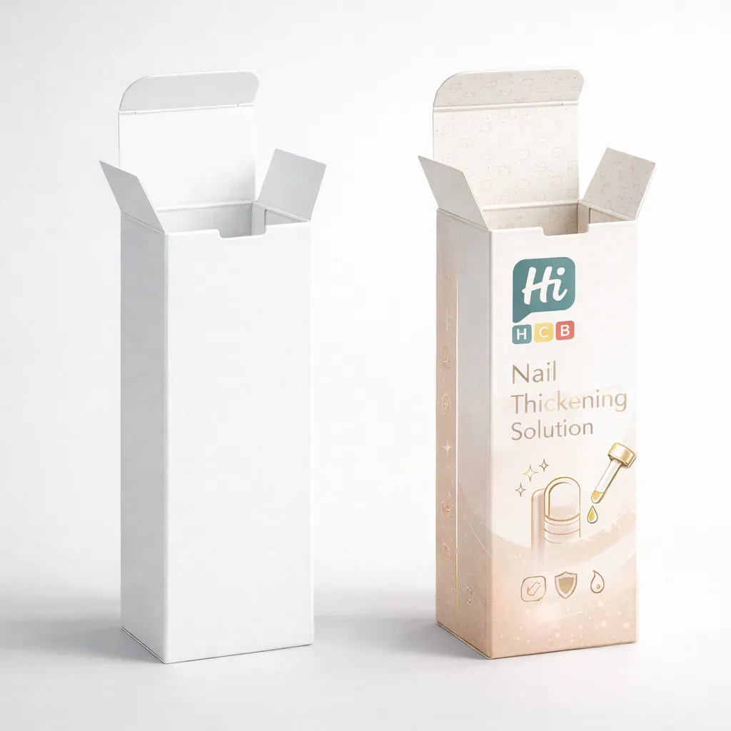 Two white rectangular boxes with flip lids, one plain and one featuring custom medical branding.